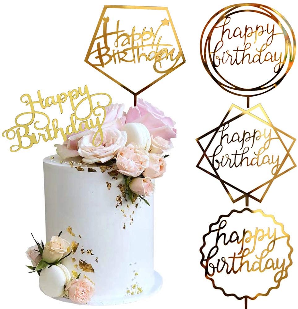 Gold Cake Topper, Acrylic Cake Topper Happy Birthday Cake Topper Cake Decoration Supplies (5 Pieces)